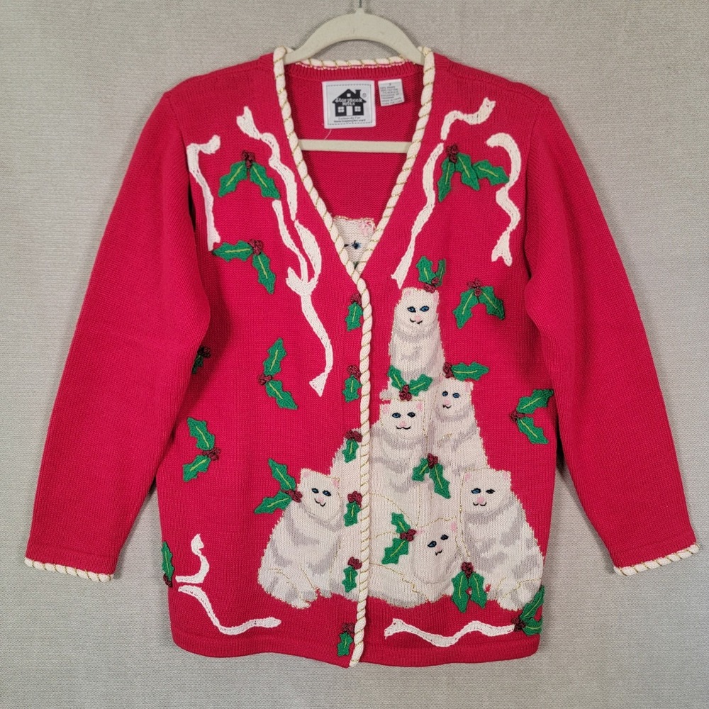 Storybook Knits Sweater Embroidered Cat Cardigan Size Small Red Christmas Holly
